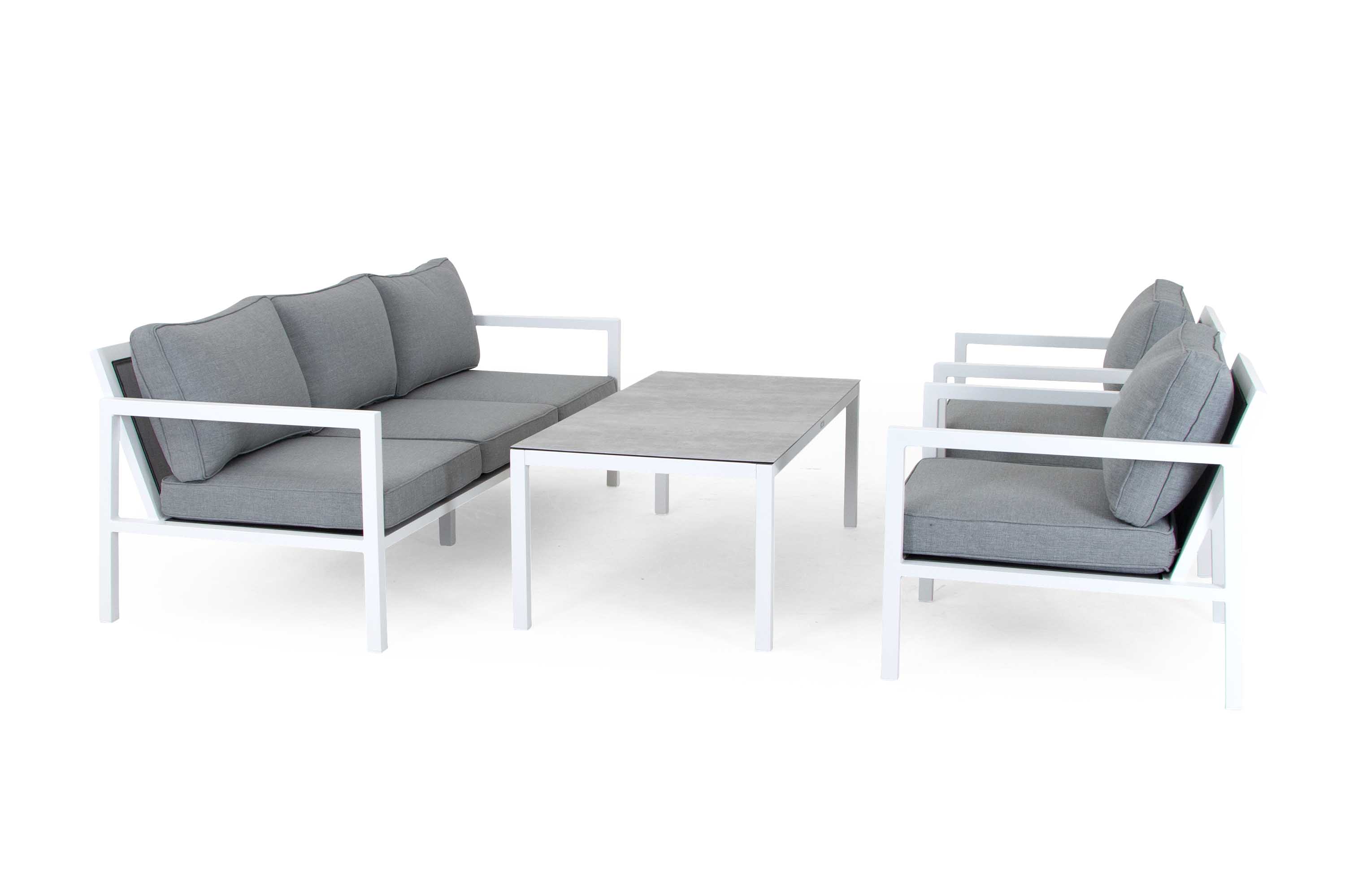 Brafab Belfort sofagruppe Vit med grå dyna 3-personers sofa & 2st lenestoler & sofabord 140x70 cm