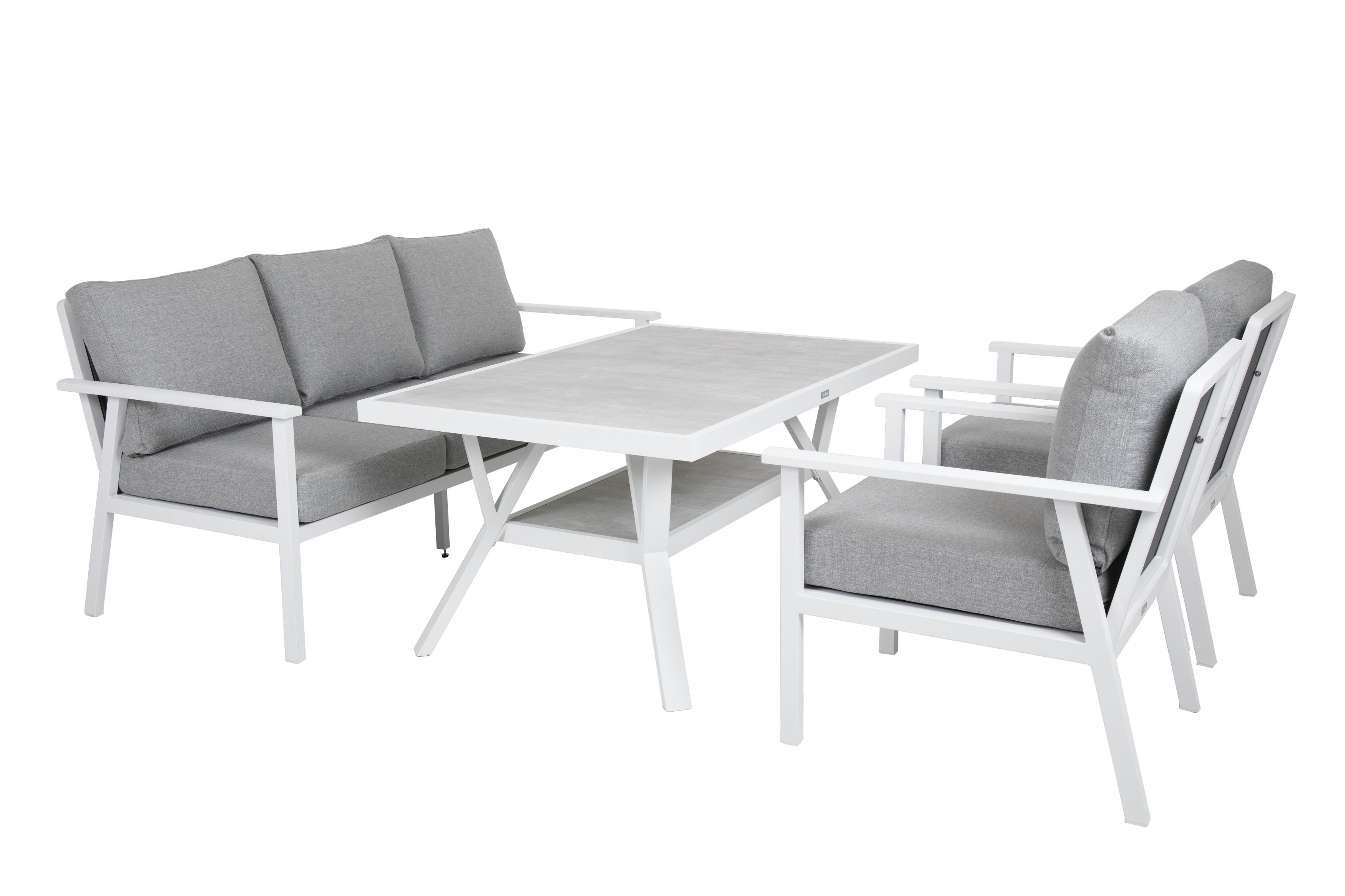 Brafab Samvaro sofagruppe Hvid med grå hynde 3-personers sofa, 2st lænestoler & bord 140x90 cm