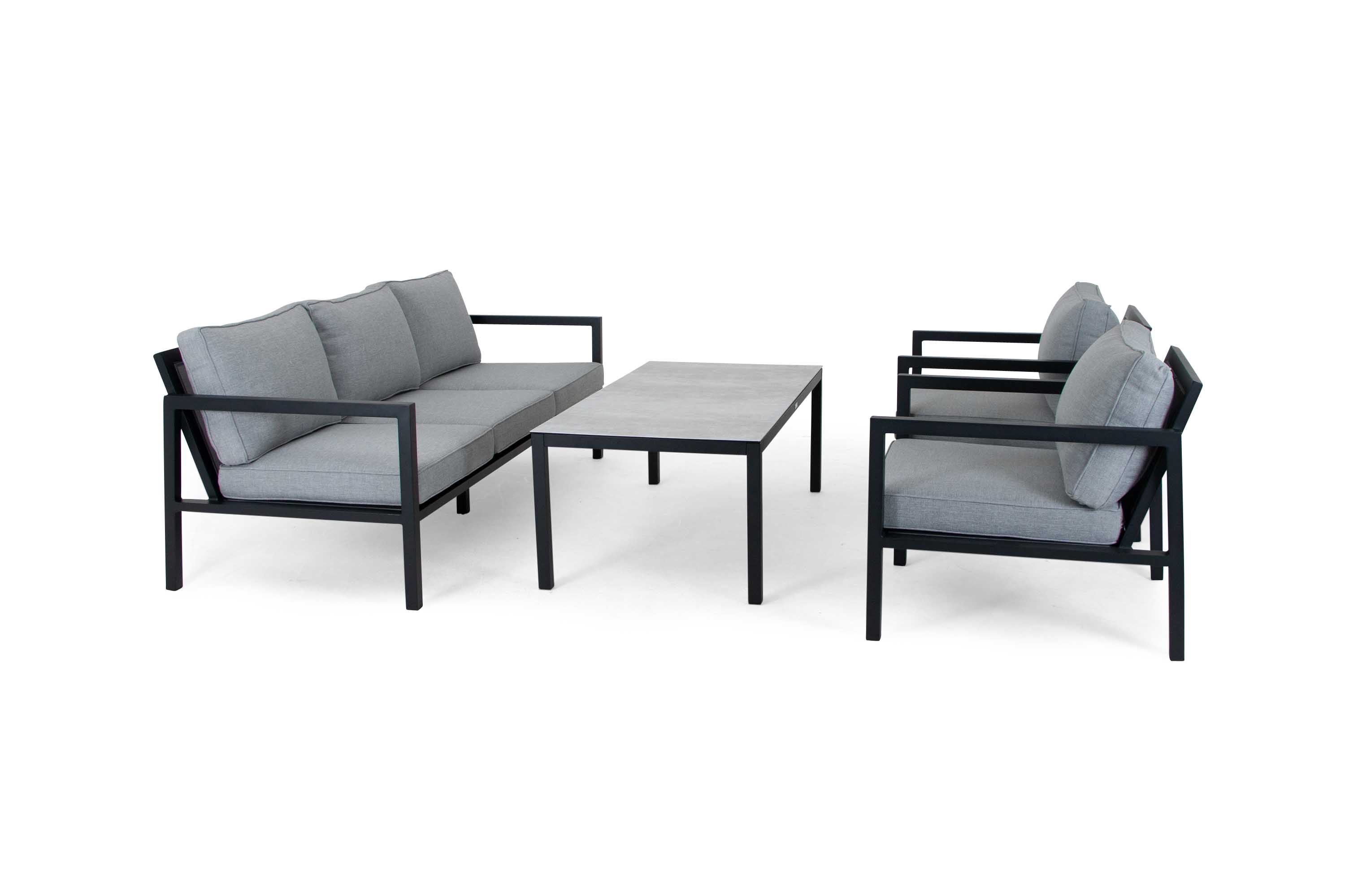 Brafab Belfort sofagruppe Svart med grå dyna 3-personers sofa & 2st lenestoler & sofabord 140x70 cm