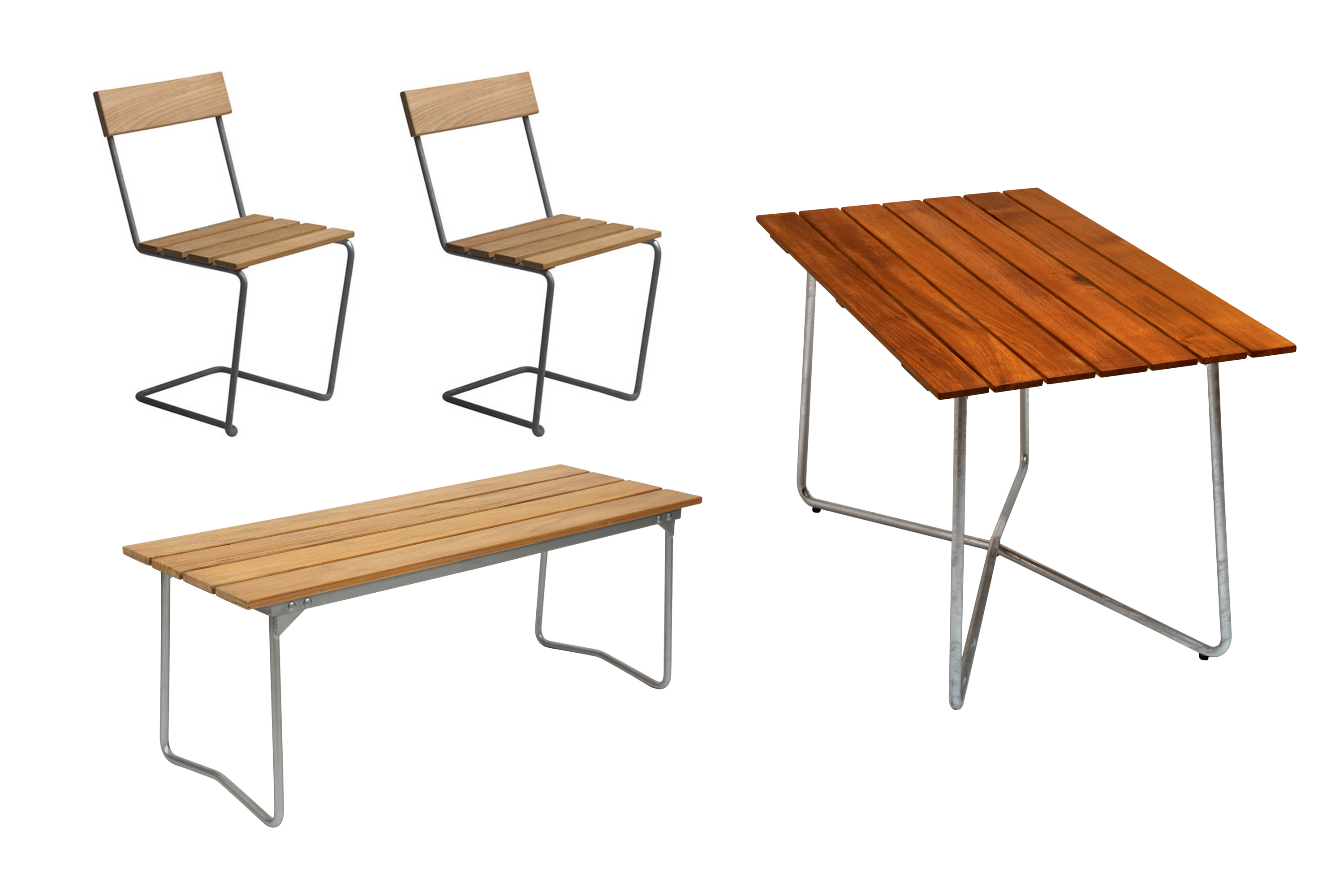 Grythyttan Stålmöbler B25 spisebordsæt Teak/galvaniseret stål 2 stole, bænk 110 cm & bord120x70 cm