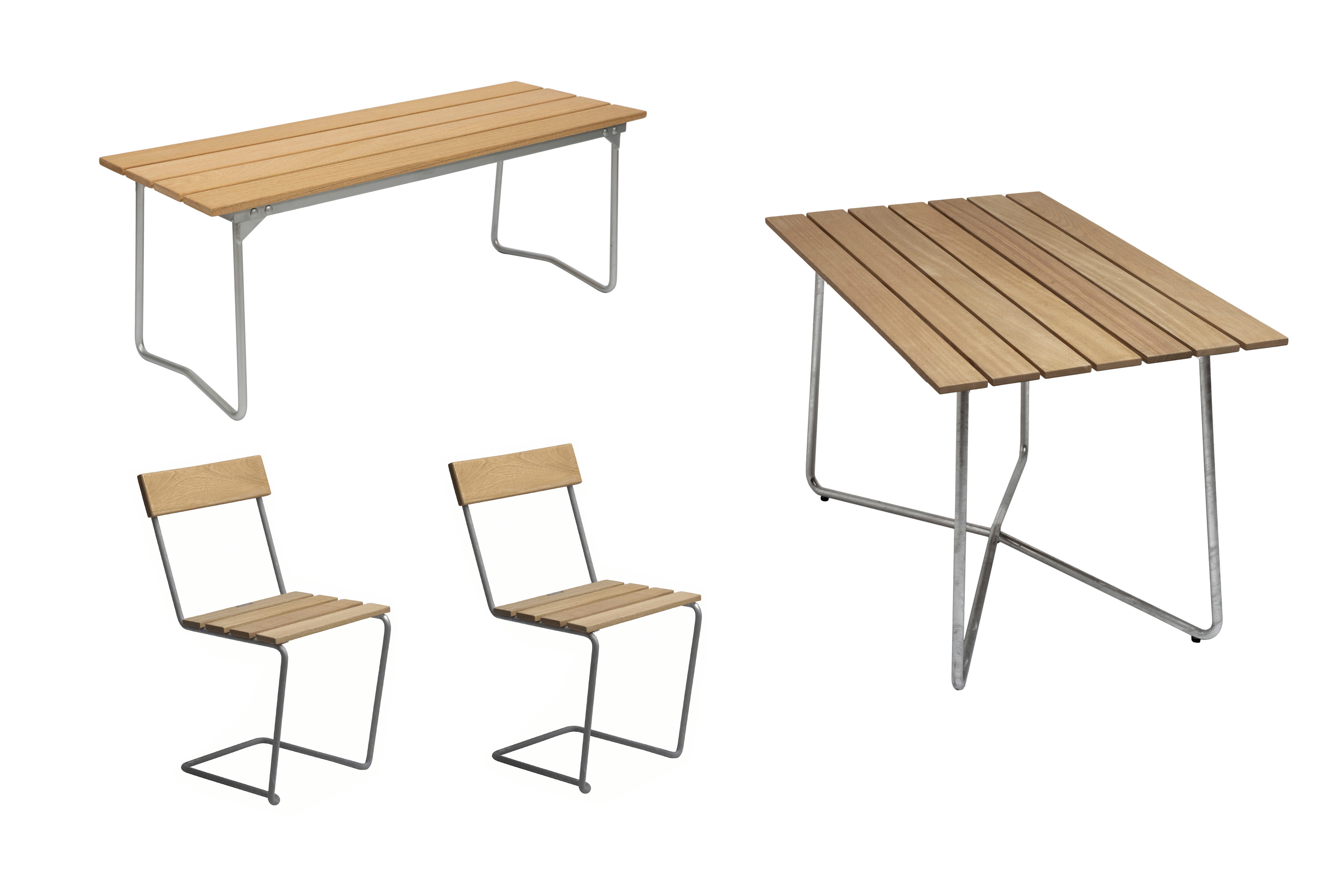 Grythyttan Stålmöbler B25 spisebordsæt Oljert eik/galvaniseret stål 2 stole, bænk 110 cm & bord120x70 cm