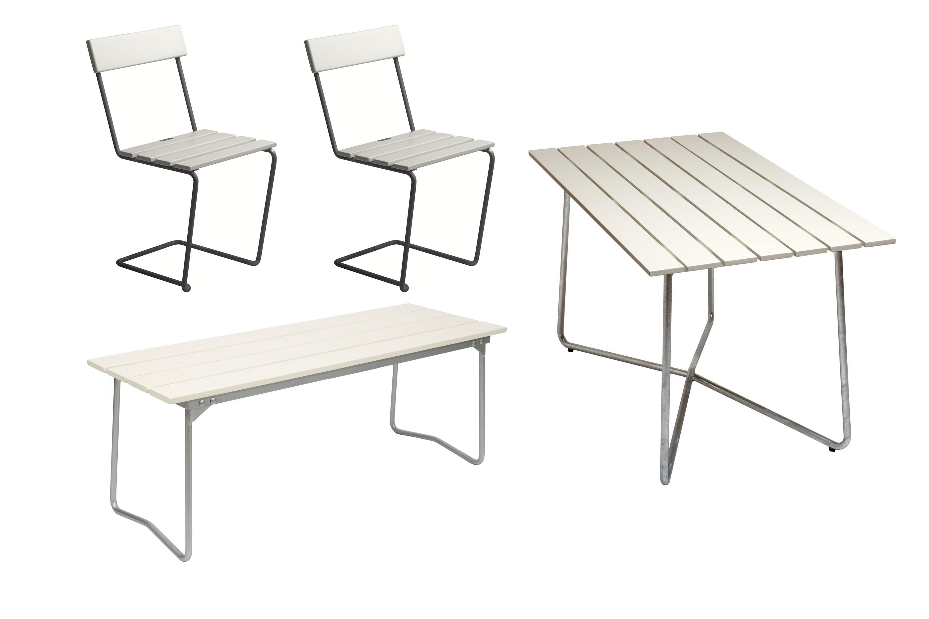 Grythyttan Stålmöbler B25 spisebordsæt Hvidlakeret ek/galvaniseret stål 2 stole, bænk 110 cm & bord120x70 cm