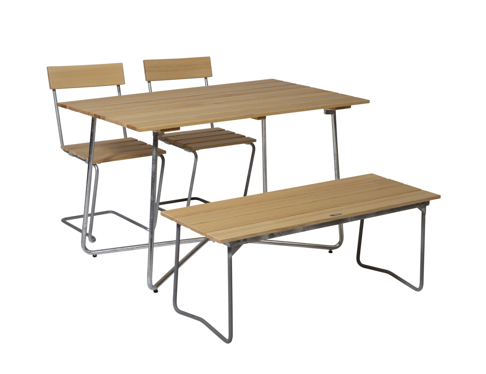 Grythyttan Stålmöbler B25 spisebordsæt Oljert furu/galvaniseret stål 2 stole, bænk 110 cm & bord120x70 cm
