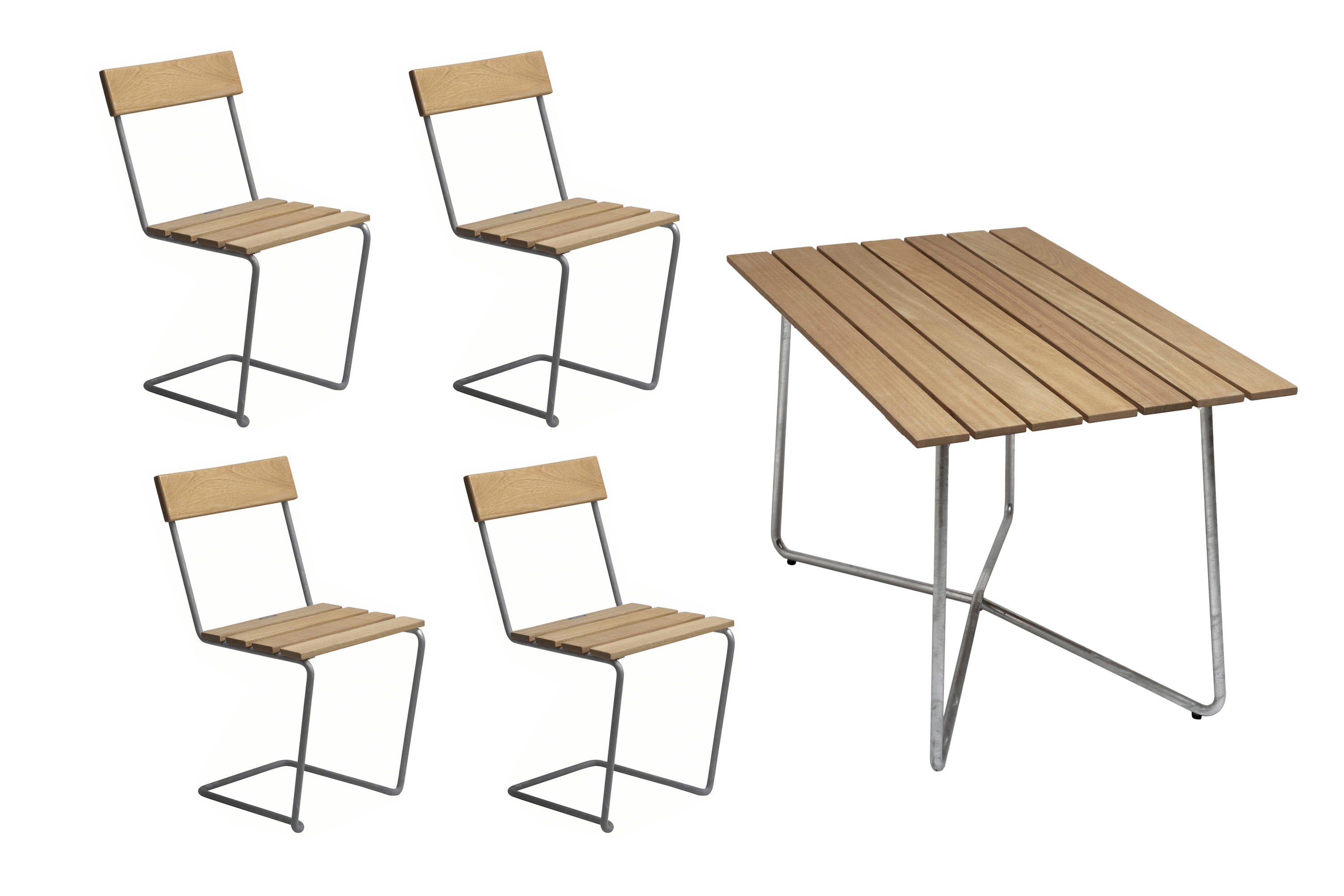 Grythyttan Stålmöbler B25 spisebordsæt Oljert eik/galvaniseret stål 4 stole & bord 120 x 70 cm