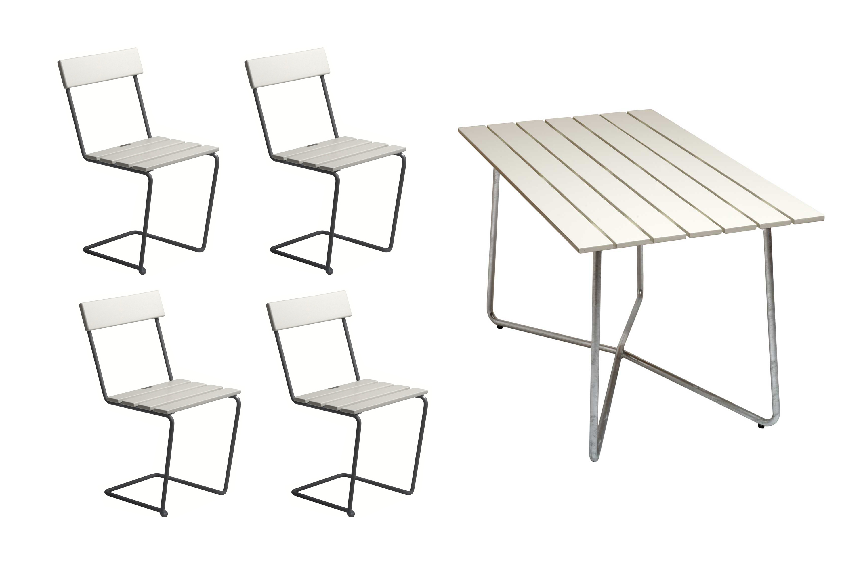 Grythyttan Stålmöbler B25 spisebordsæt Hvidlakeret ek/galvaniseret stål 4 stole & bord 120 x 70 cm