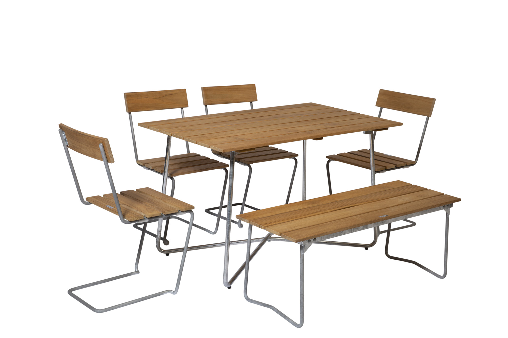 Grythyttan Stålmöbler B25 spisebordsæt Teak/galvaniseret stål 4 stole, bænk 110 cm & bord 120 x 70 cm