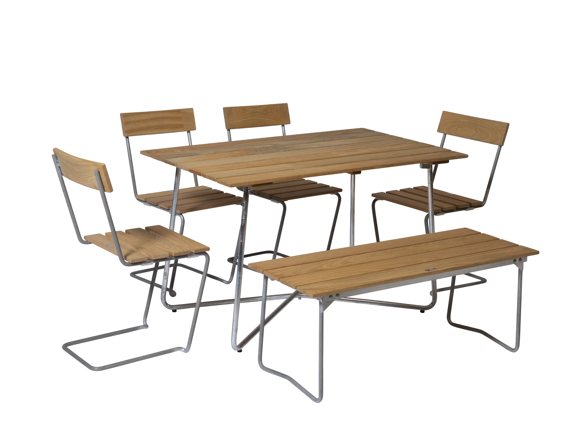 Grythyttan Stålmöbler B25 spisebordsæt Oljert eik/galvaniseret stål 4 stole, bænk 110 cm & bord 120 x 70 cm