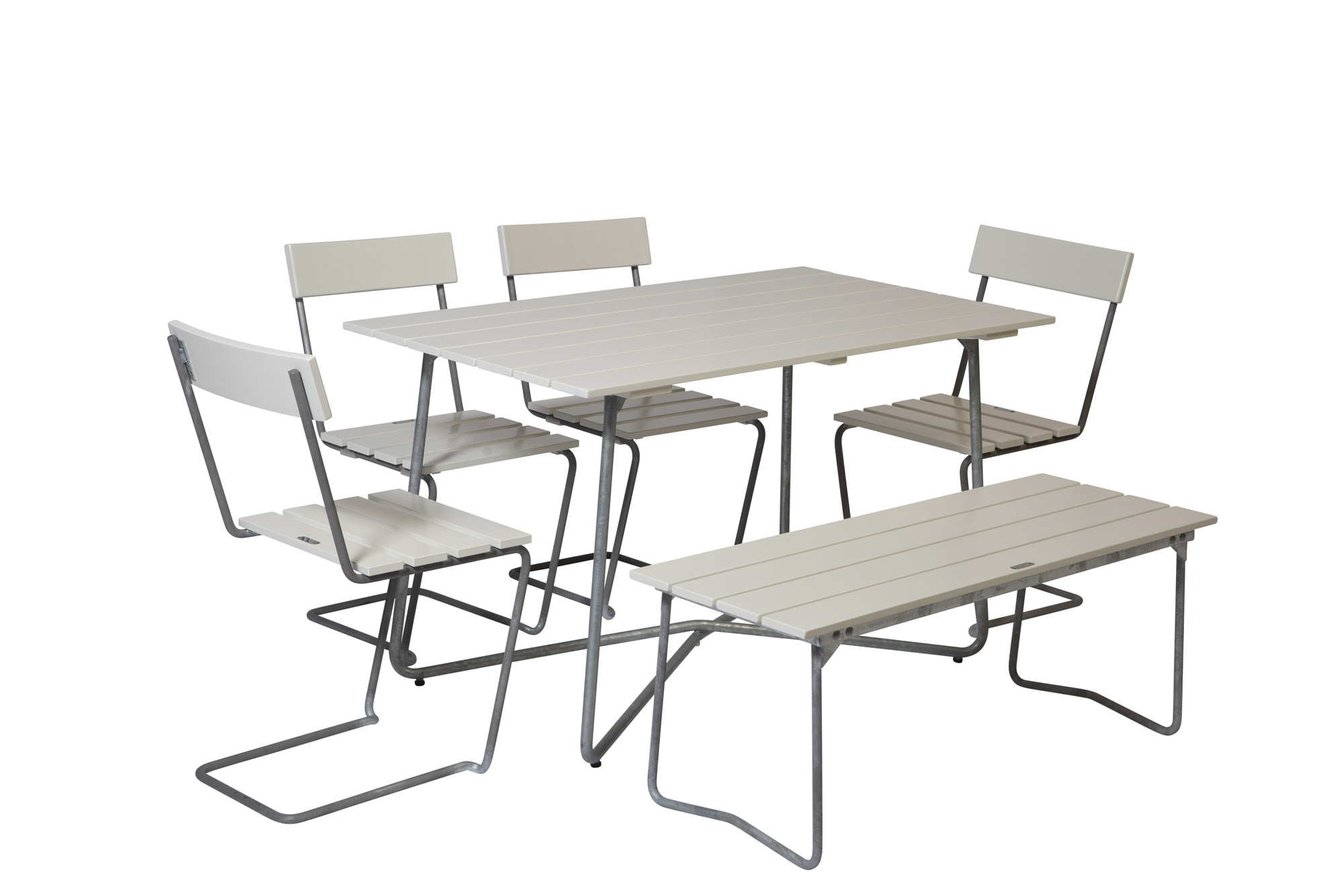 Grythyttan Stålmöbler B25 spisebordsæt Hvidlakeret ek/galvaniseret stål 4 stole, bænk 110 cm & bord 120 x 70 cm