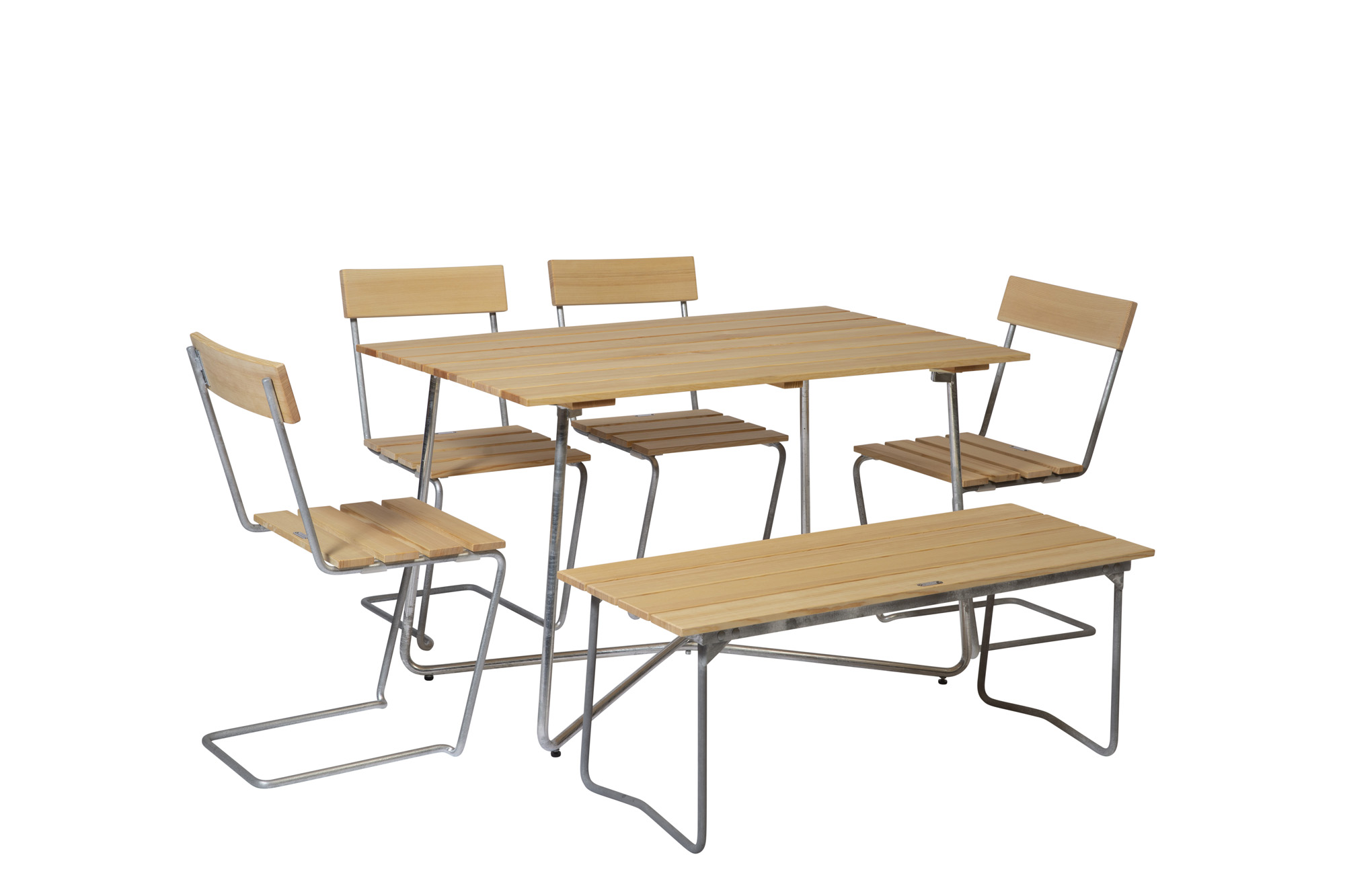 Grythyttan Stålmöbler B25 spisebordsæt Oljert furu/galvaniseret stål 4 stole, bænk 110 cm & bord 120 x 70 cm