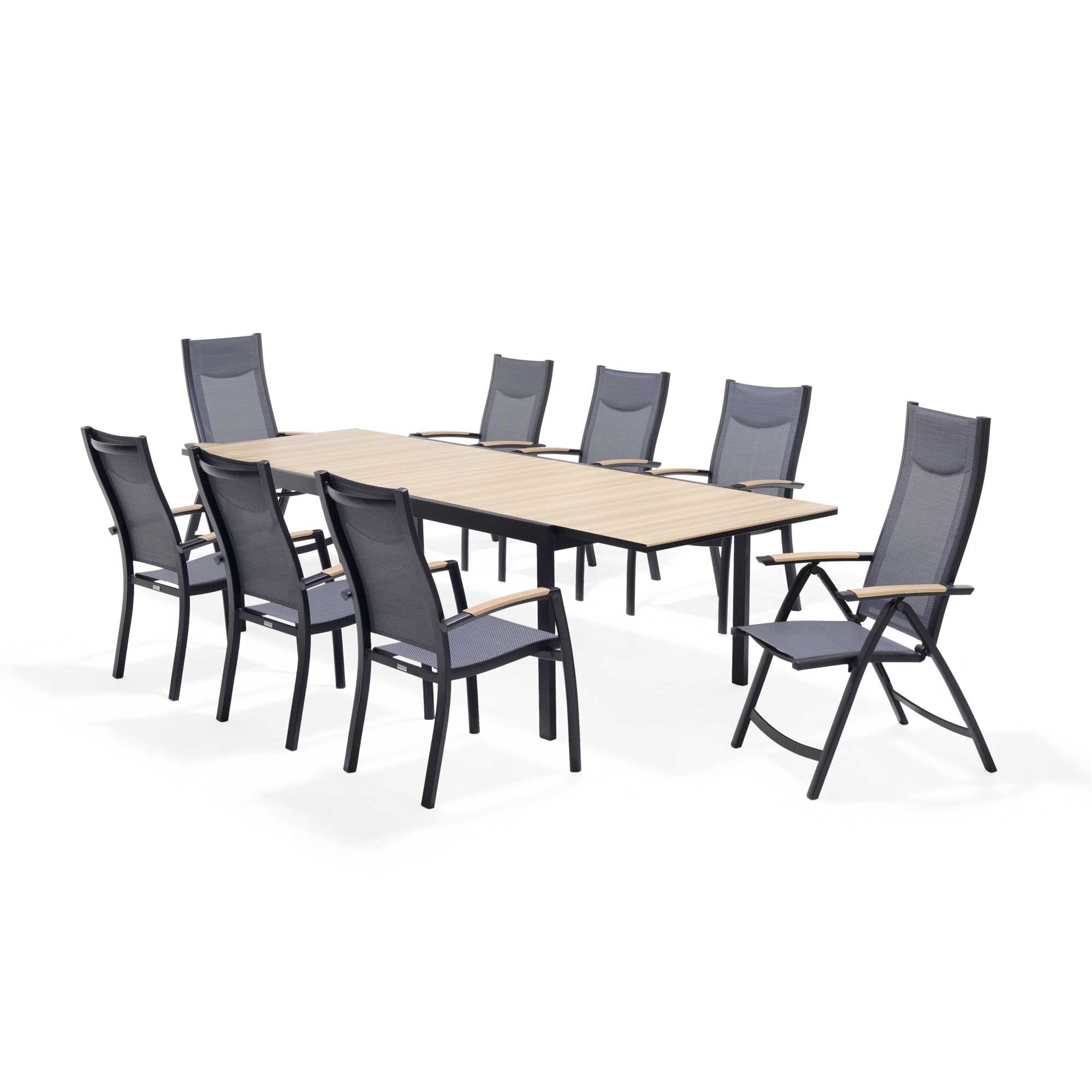 Lifestyle Garden Panama spisegruppe Teak/svart 6 stablestoler, 2 posisjonsstoler & bord 205x299 x 95 cm