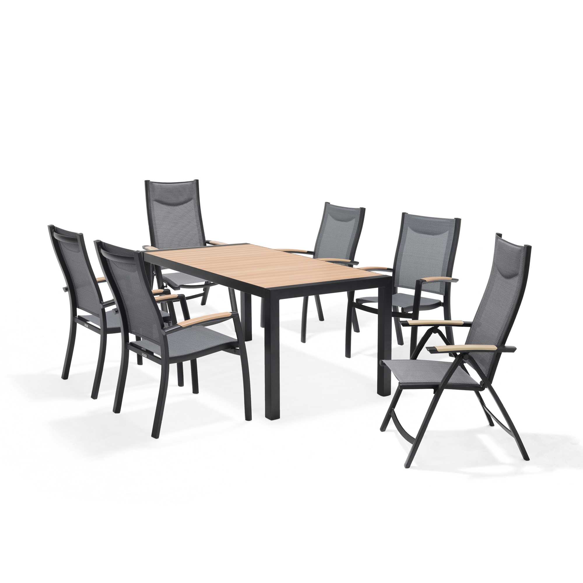 Lifestyle Garden Panama spisegruppe Teak/svart 4 stablestoler, 2 posisjonsstoler & bord 160x90 cm