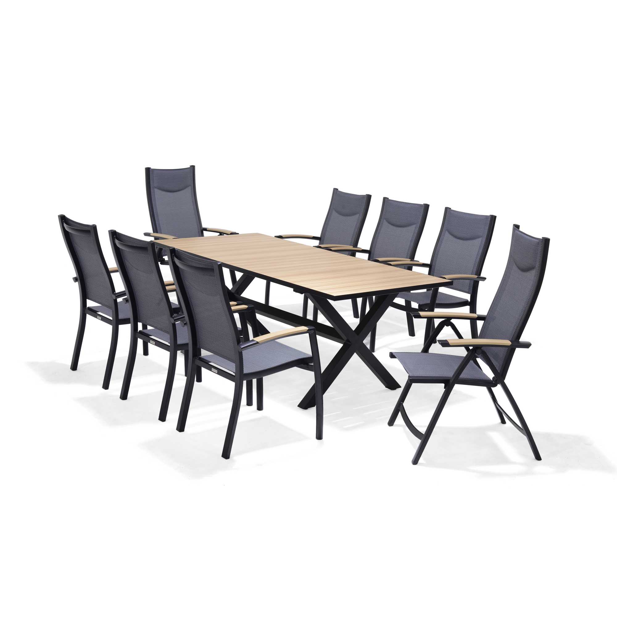 Lifestyle Garden Panama spisegruppe Teak/svart 6 stablestoler, 2 posisjonsstoler & bord 200x90 cm