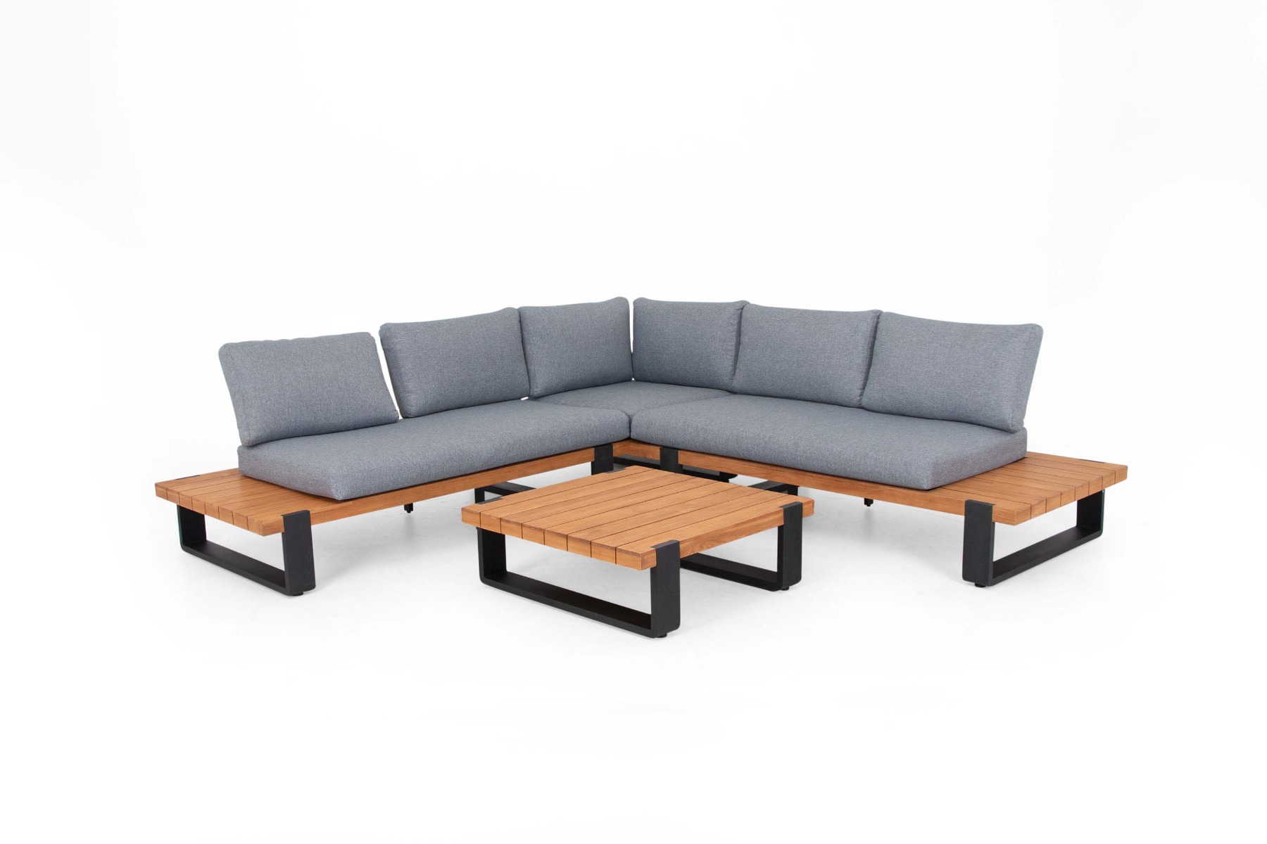 Sunzo Long Island sofagruppe Teak med grå hynde 3-sitsavslut, 2-sitsavslut & soffbord