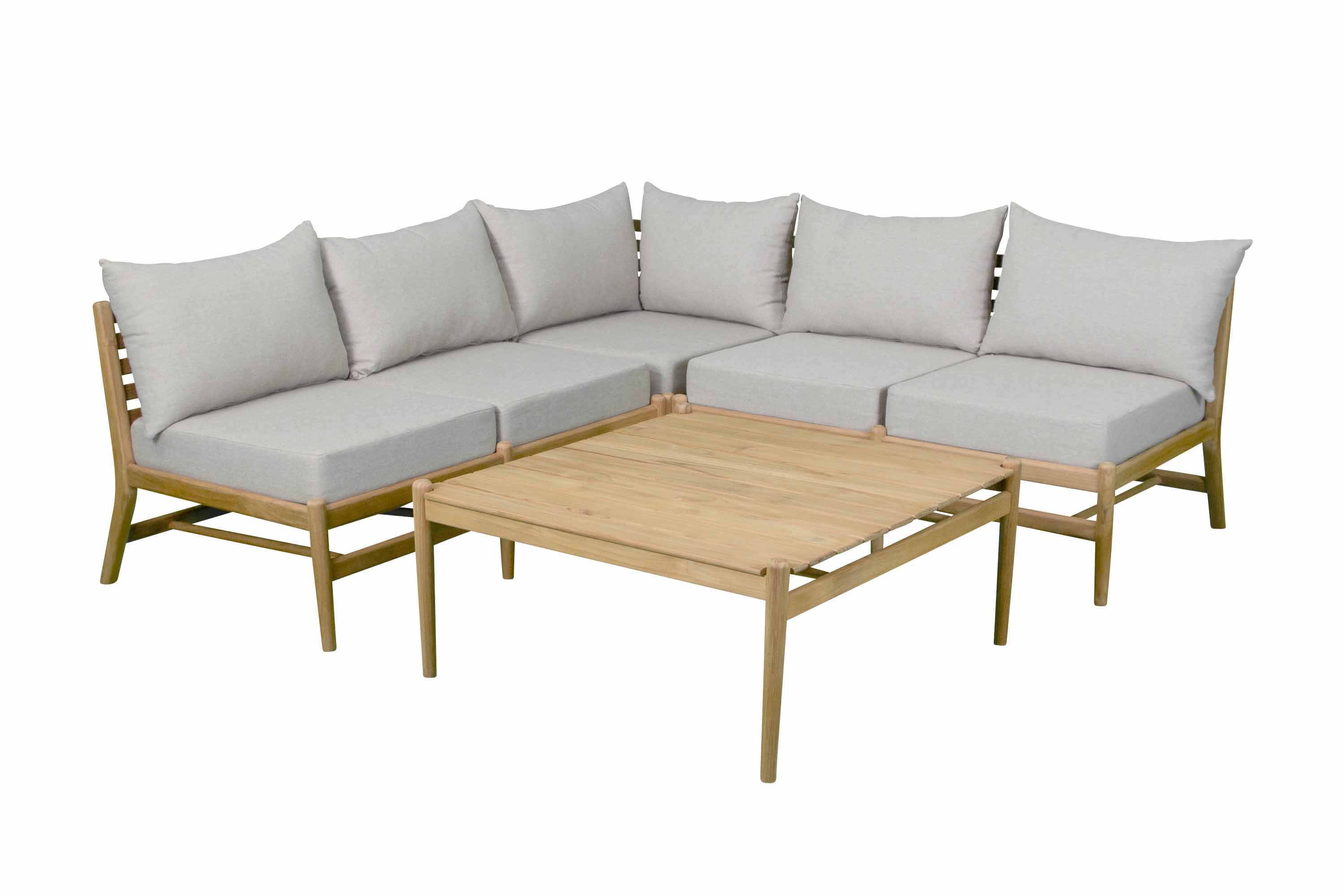 Sunzo Hampton sofagruppe Teak med beige pute 2 st 2-sitsmoduler, hörn & bord 90x90 cm