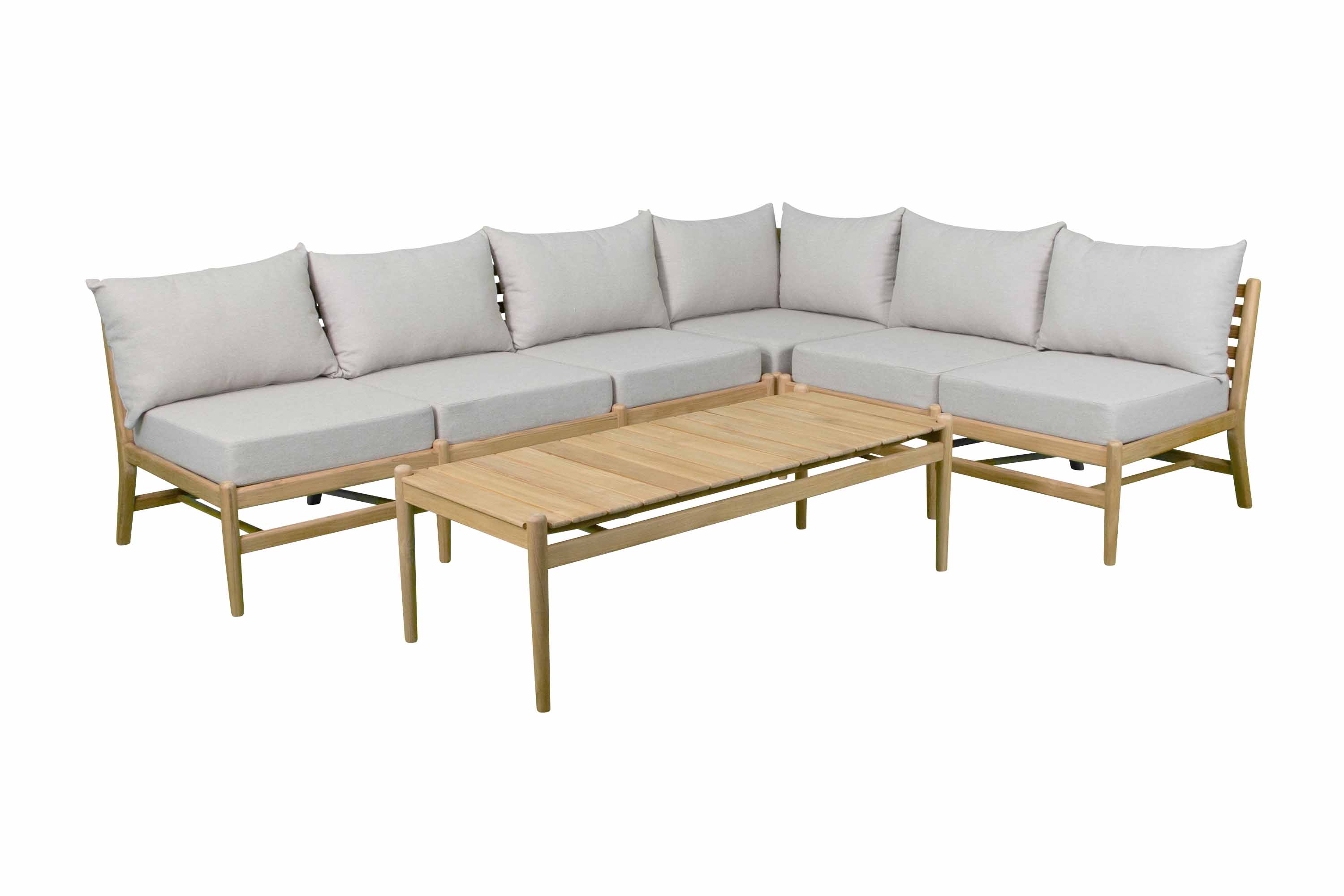 Sunzo Hampton sofagruppe Teak med beige hynde 3-sitsmodul, 2-sitsmodul, hörn & bord 130x90 cm