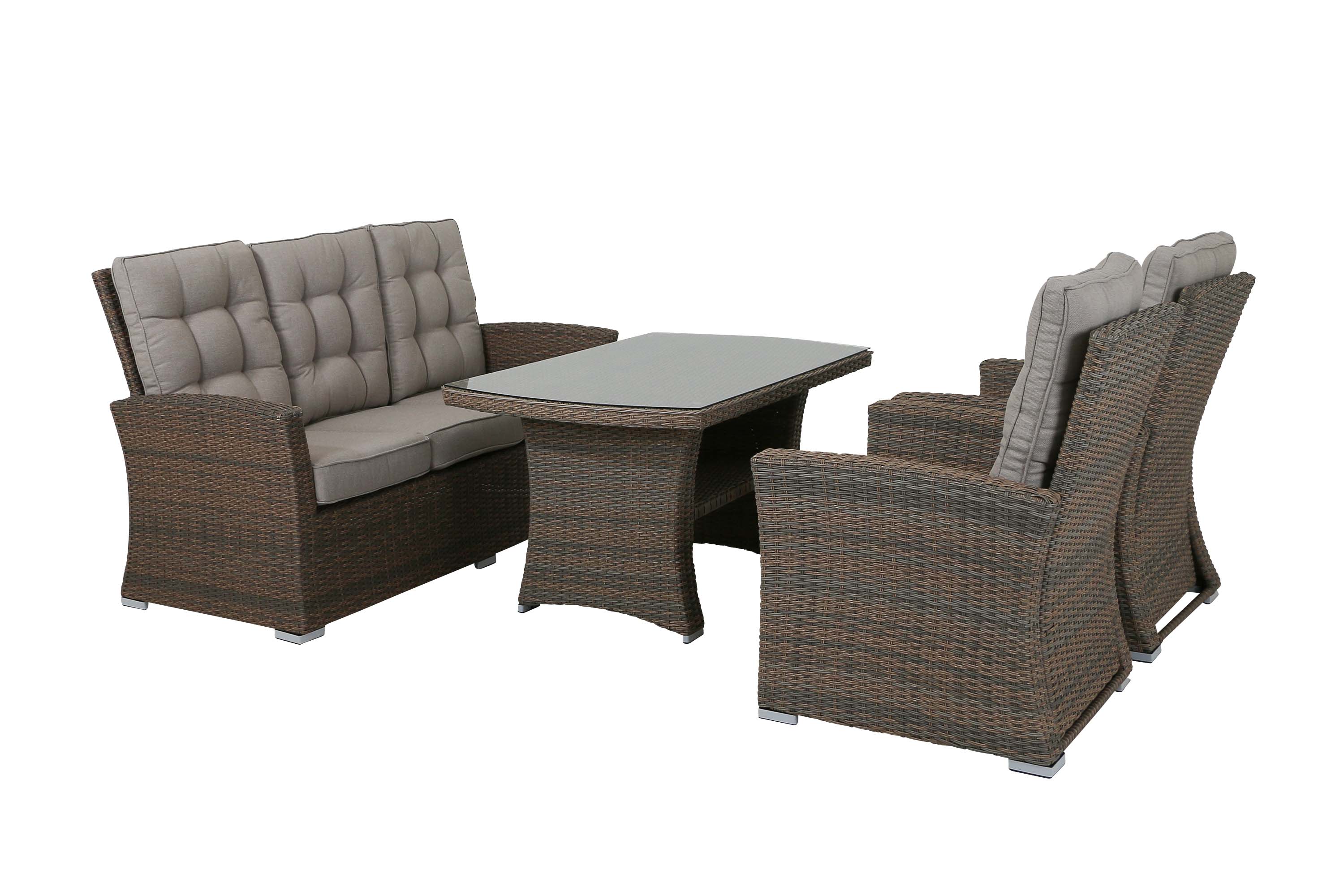 Sunzo York sofagruppe Natur med beige pute 3-seter sofa, 2 stoler & bord