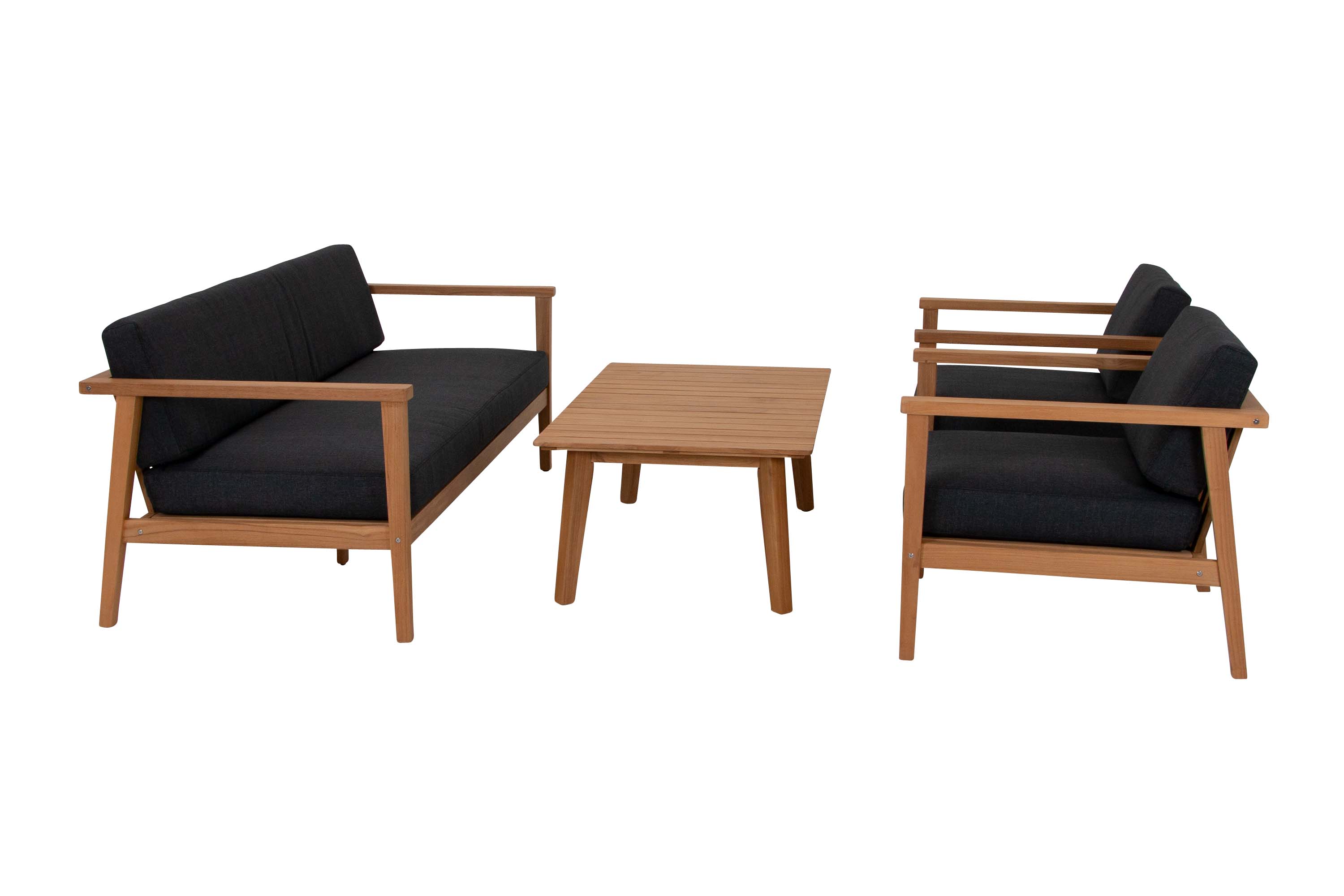 Sunzo Seaford sofagruppe Teak med grå puter 3-seter sofa, 2 lannstoler og bord 120x70 cm