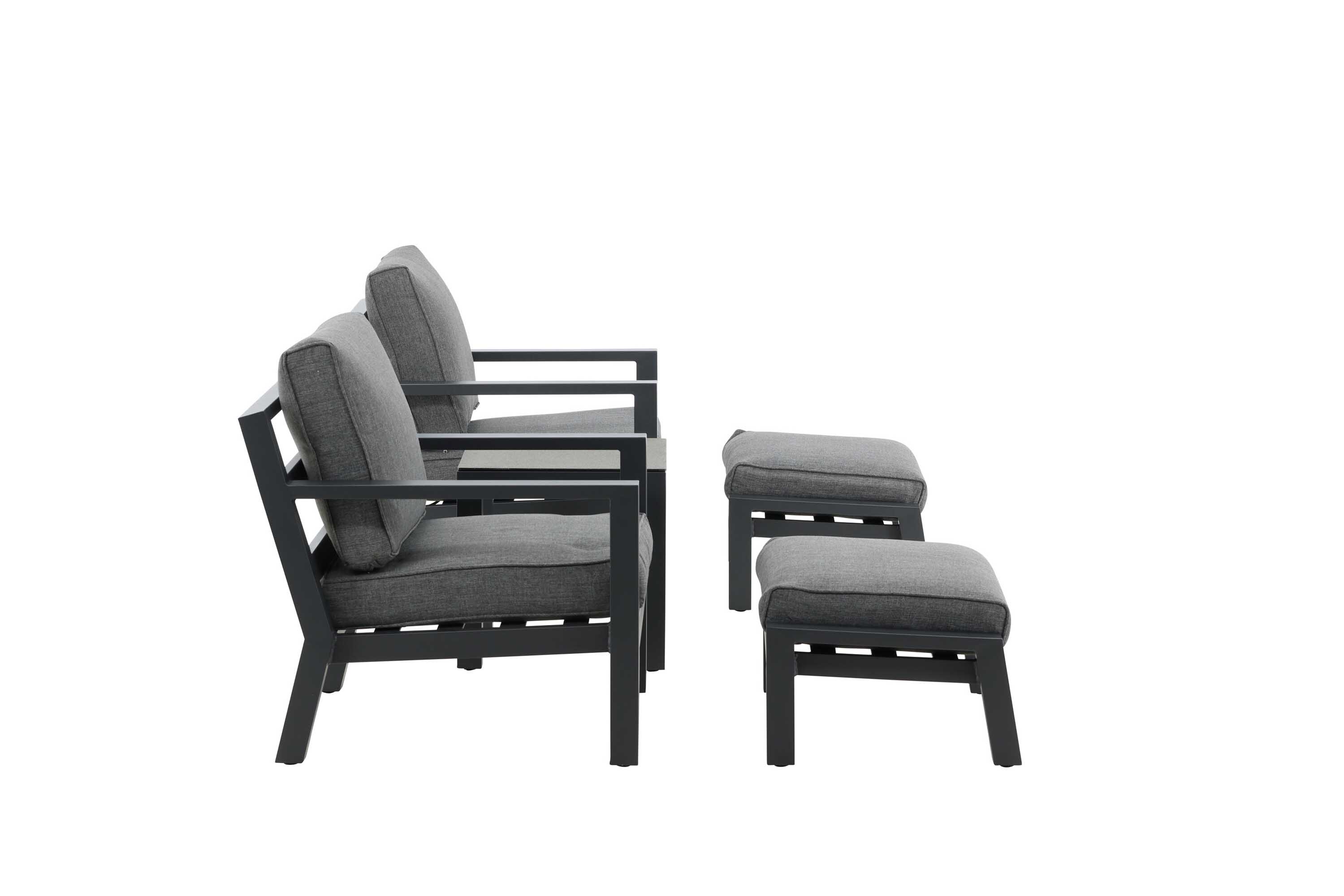 Venture Design Barcelona cafésæt Sort med grå hynde 2 lænestole, 2 fodskamler & bord 50x50 cm