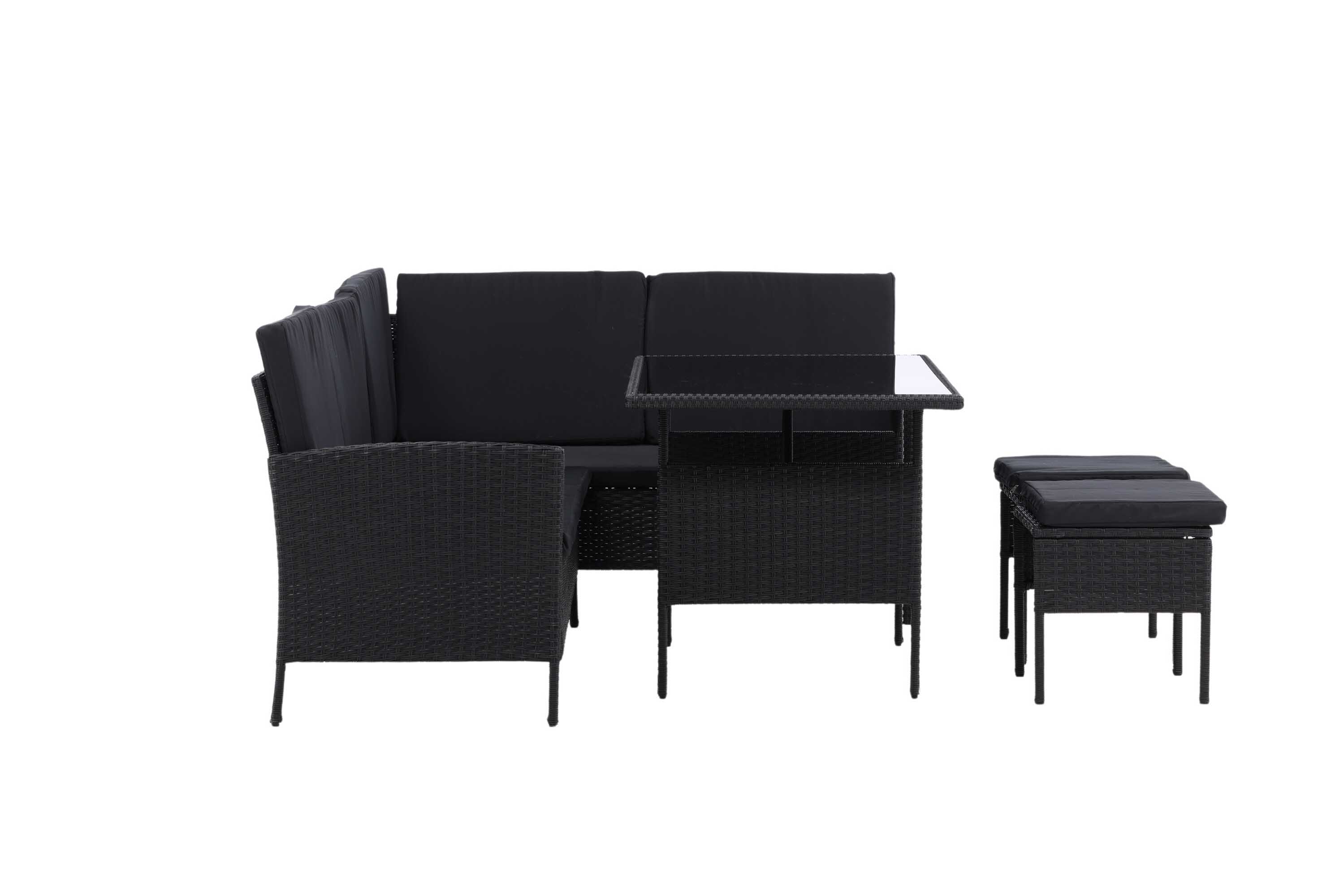 Venture Design Knock sofagruppe Sort med sort hynde 3-personers ende, 2-personers ende, 2 pallar & bord 110x70 cm