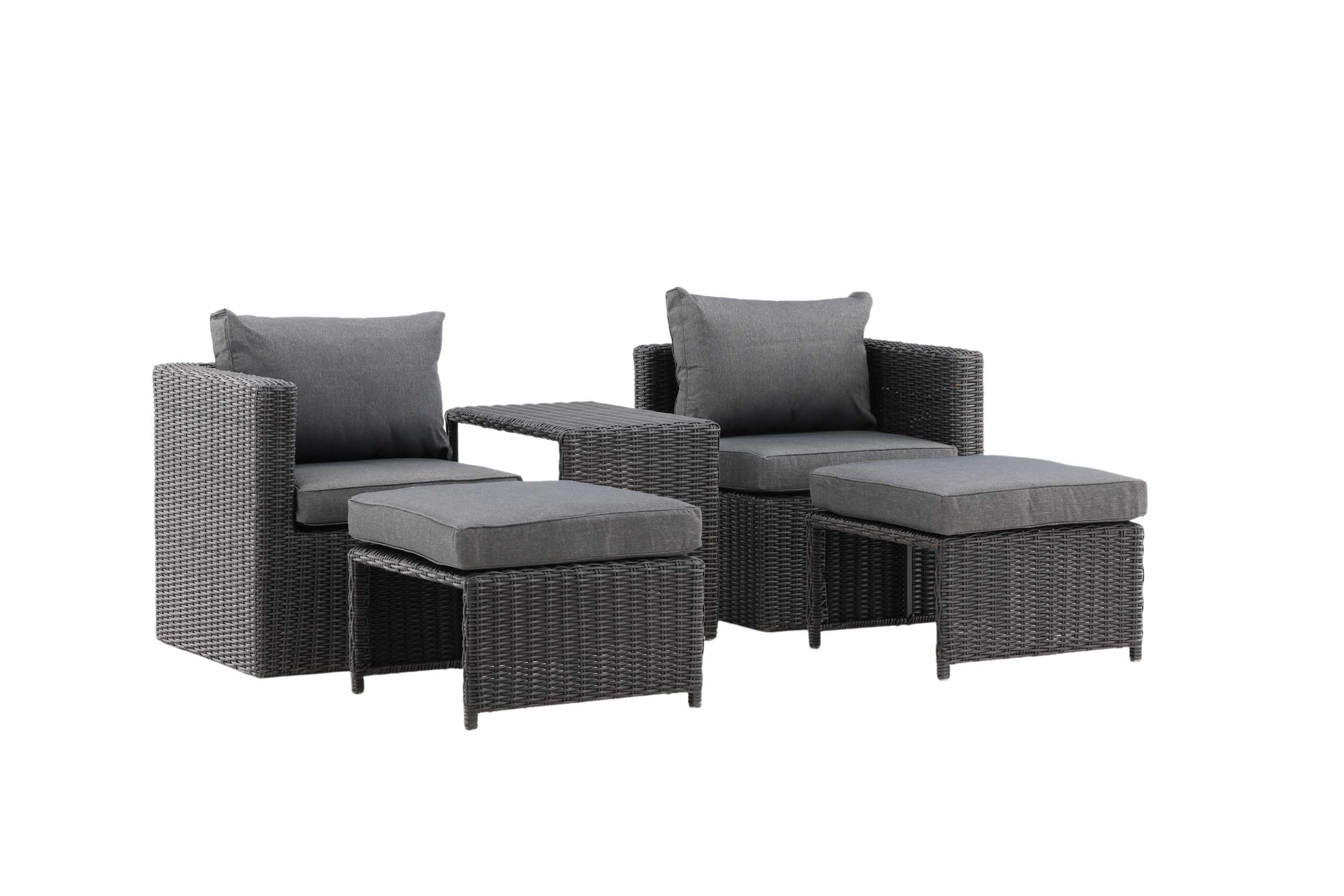 Venture Design Quad cafésæt Sort med grå hynde 2 lænestole, 2 fodskamler & bord 63x42 cm
