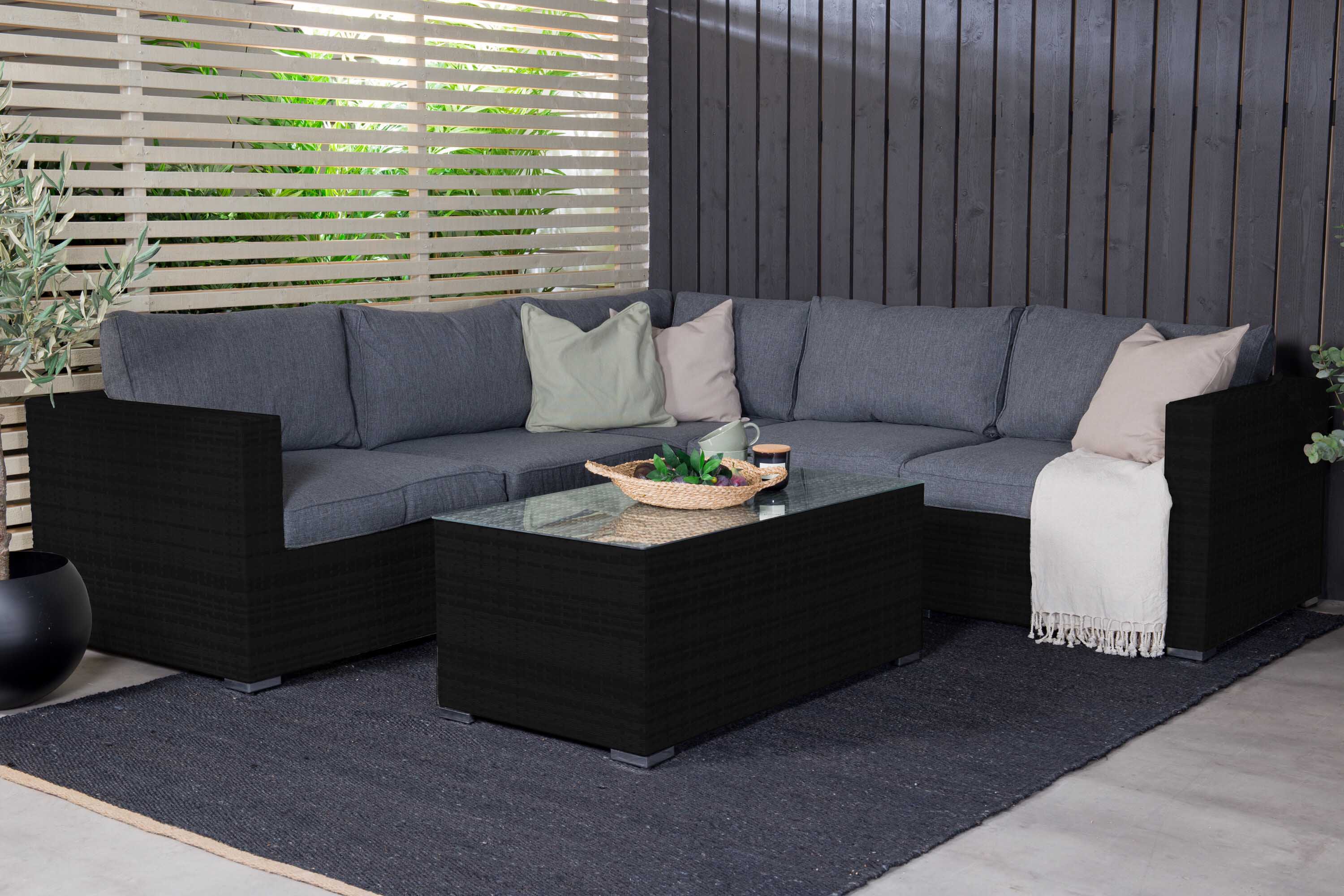 Venture Design Amazon sofagruppe Svart med grå pute 3 hjørne, 2 midt & bord 110x60 cm